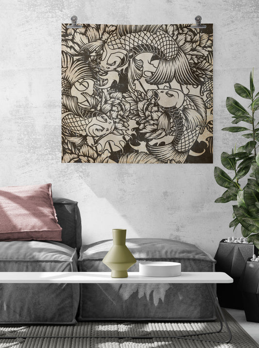 Koi fish Tattoo on Papier froissé (Wrinkled paper)