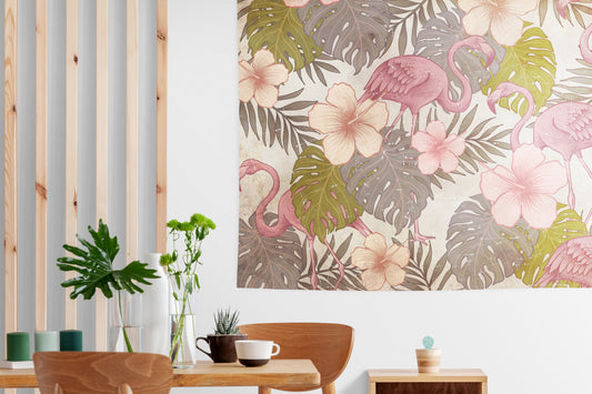 Hibiscus & Pink Flamingo on Papier froissé (Wrinkled paper)