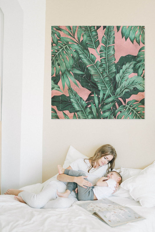 Vintage Tropical Leaves & Pink on Papier froissé (Wrinkled paper)