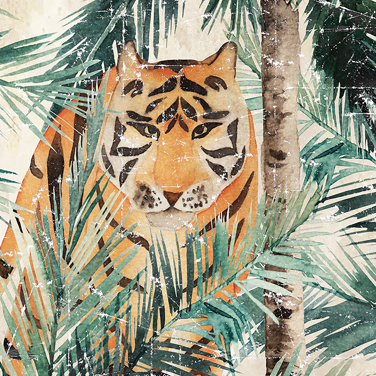 Bengali tiger & palm tree on Papier froissé (Wrinkled paper)