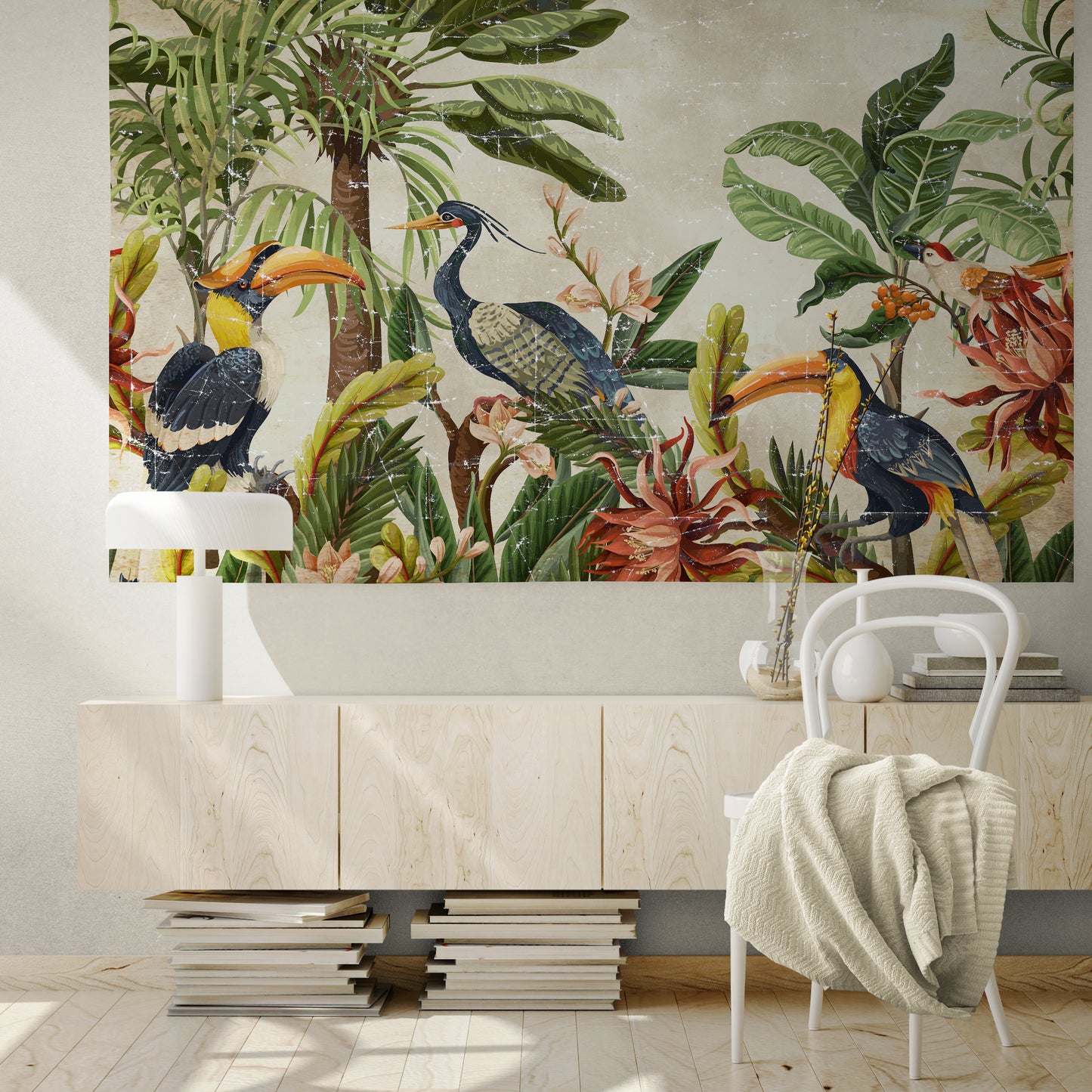 Tropical birds and palm tree on Papier froissé (Wrinkled paper)